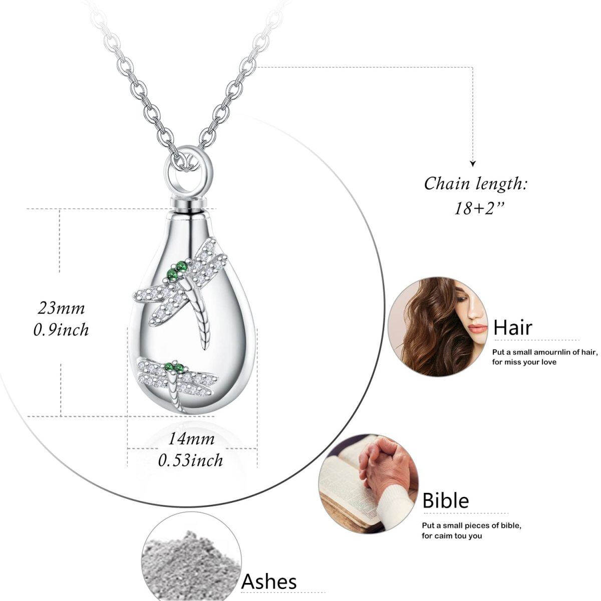 Collana d'argento ovale con cubo di zirconio per urne di libellula per le ceneri-6