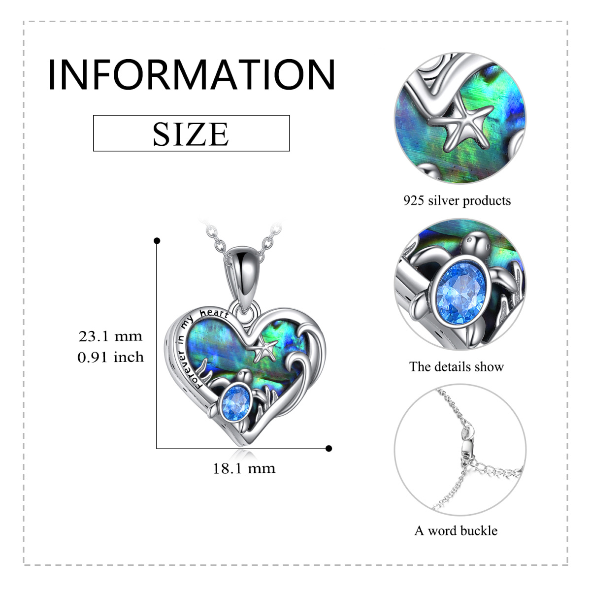 Sterling Silver Heart Abalone Shellfish With Crystal Sea Turtle & Starfish Urn Necklace For Ashes-5