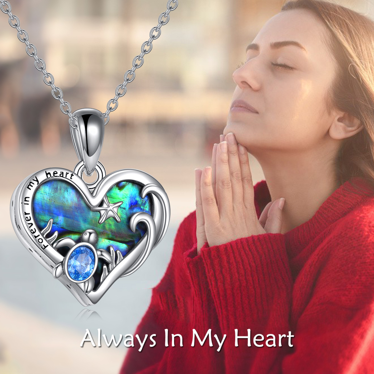 Sterling Silver Heart Abalone Shellfish With Crystal Sea Turtle & Starfish Urn Necklace For Ashes-6