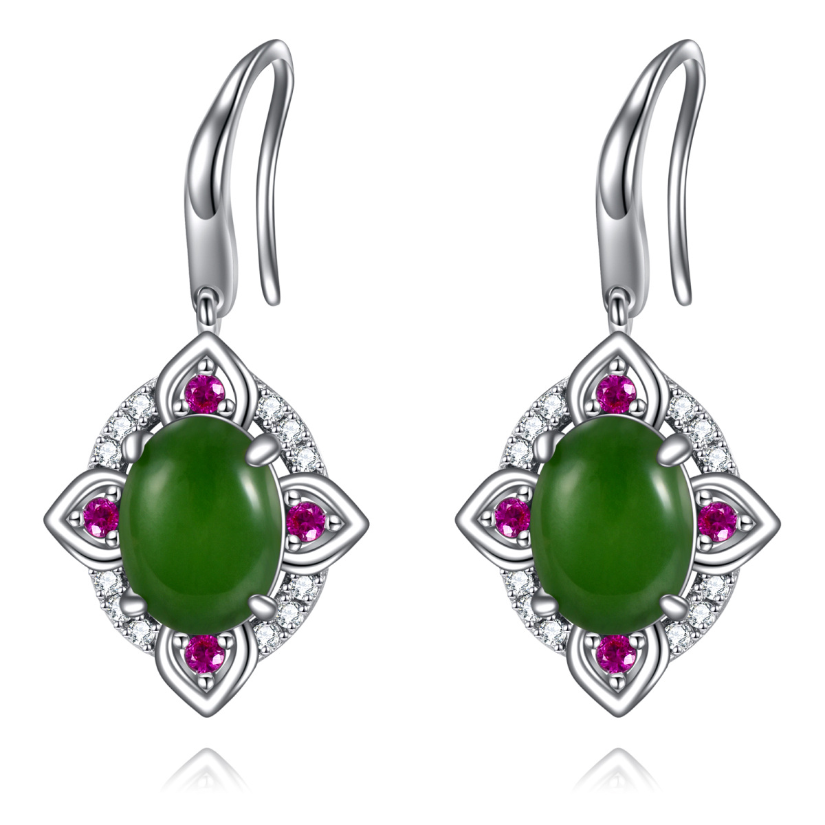 Brincos de prata esterlina em forma oval com gota de jade-1