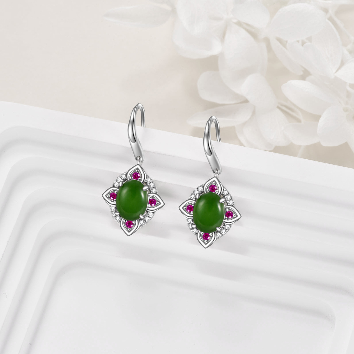 Pendants d'oreilles en argent sterling en jade de forme ovale-3