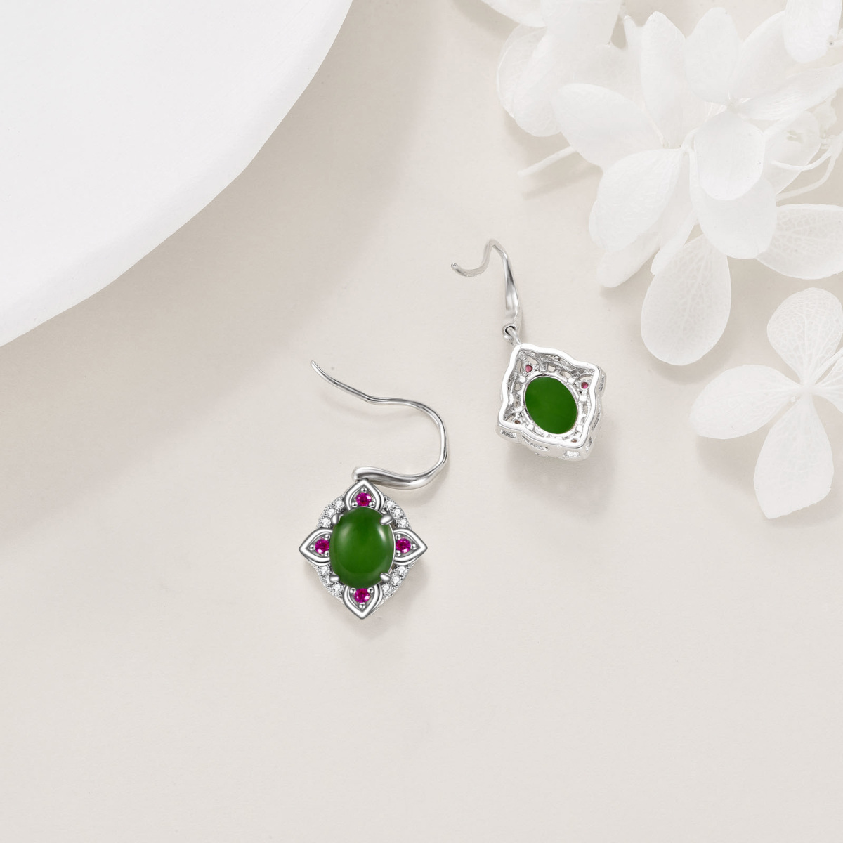 Sterling Silver Oval Shaped Jade Drop Earrings-4