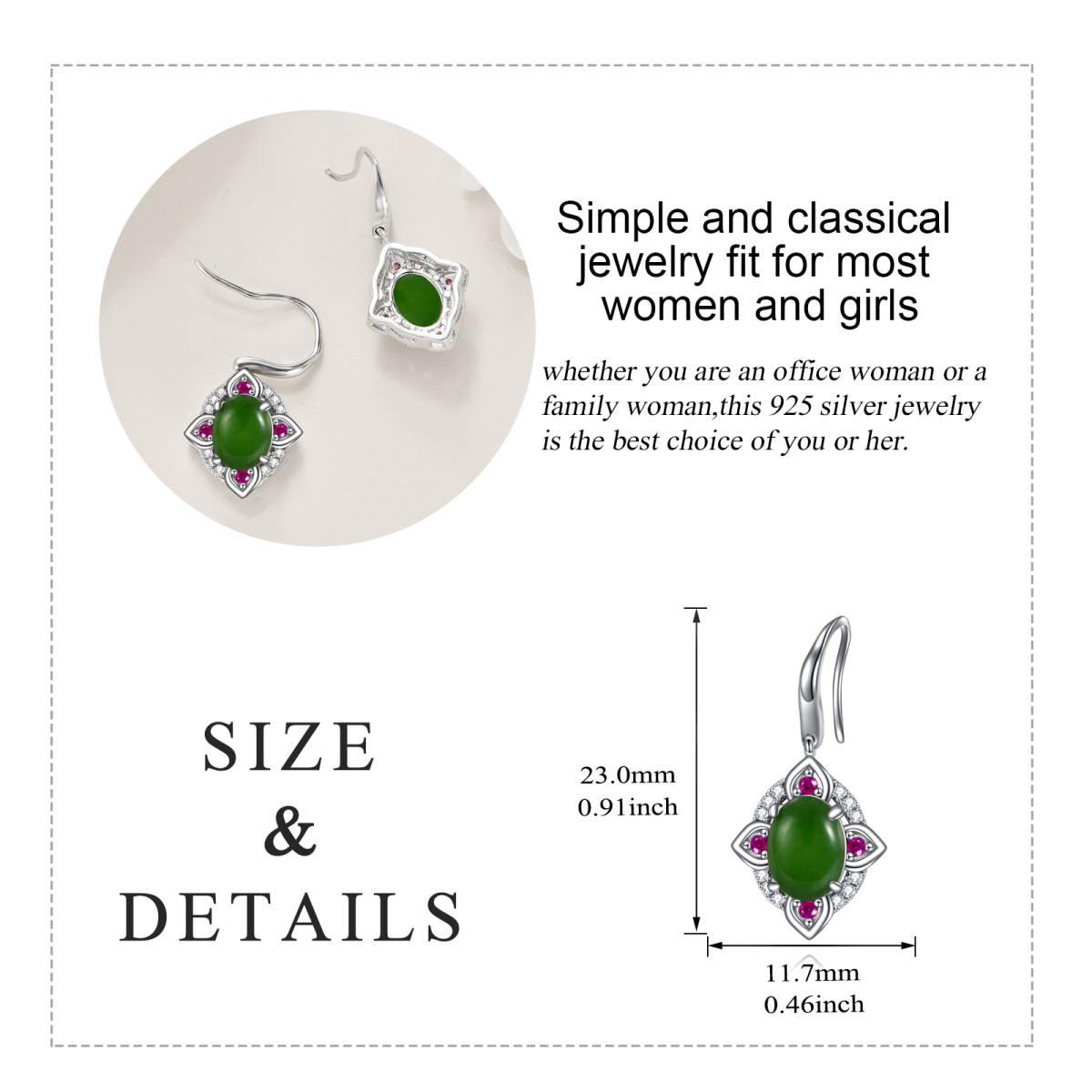 Sterling Silver Oval Shaped Jade Drop Earrings-5