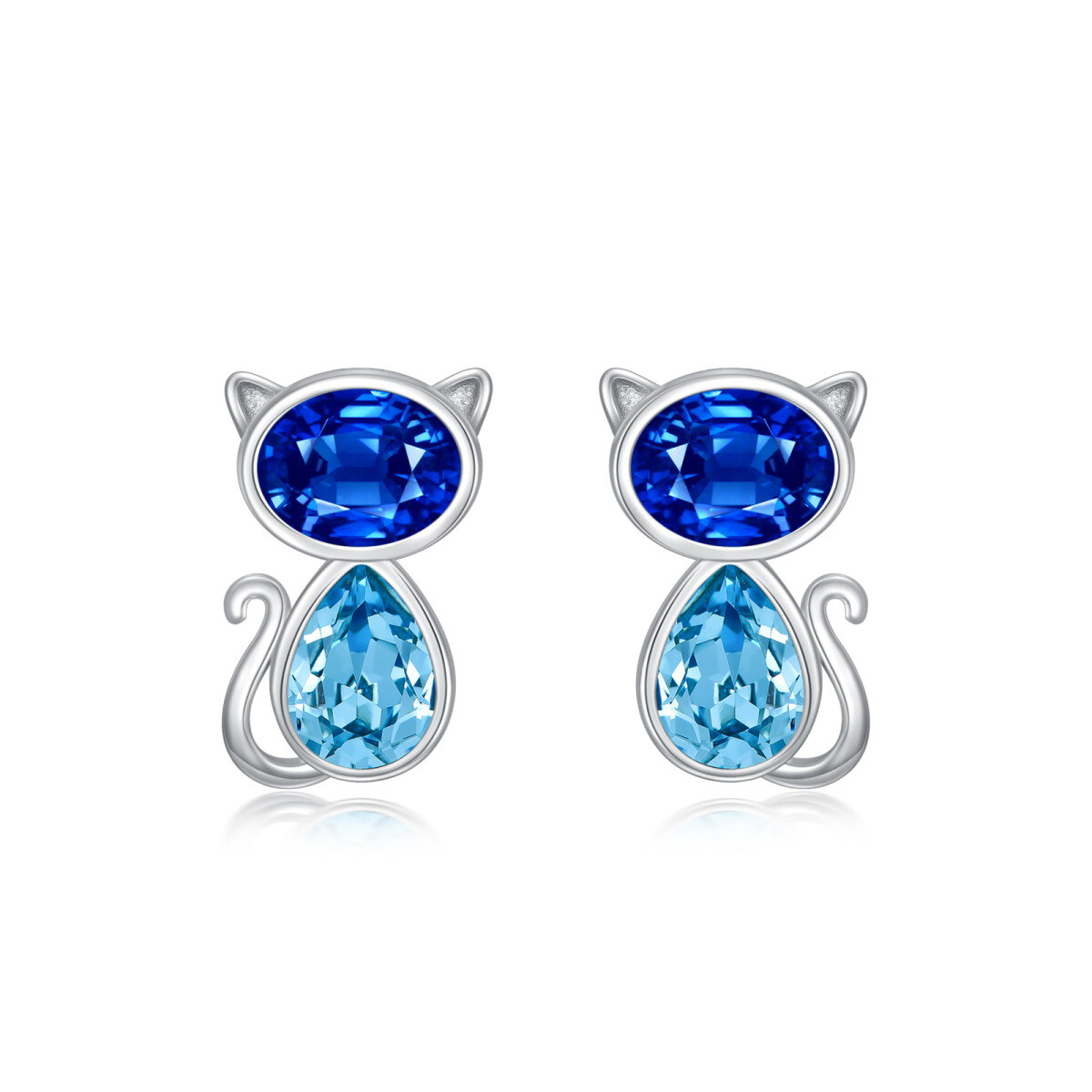 Sterling Silver Oval And Marquise Crystal Cat Stud Earrings For Women-1