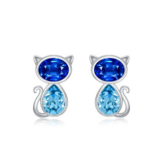 Sterling Silver Oval And Marquise Crystal Cat Stud Earrings For Women-18