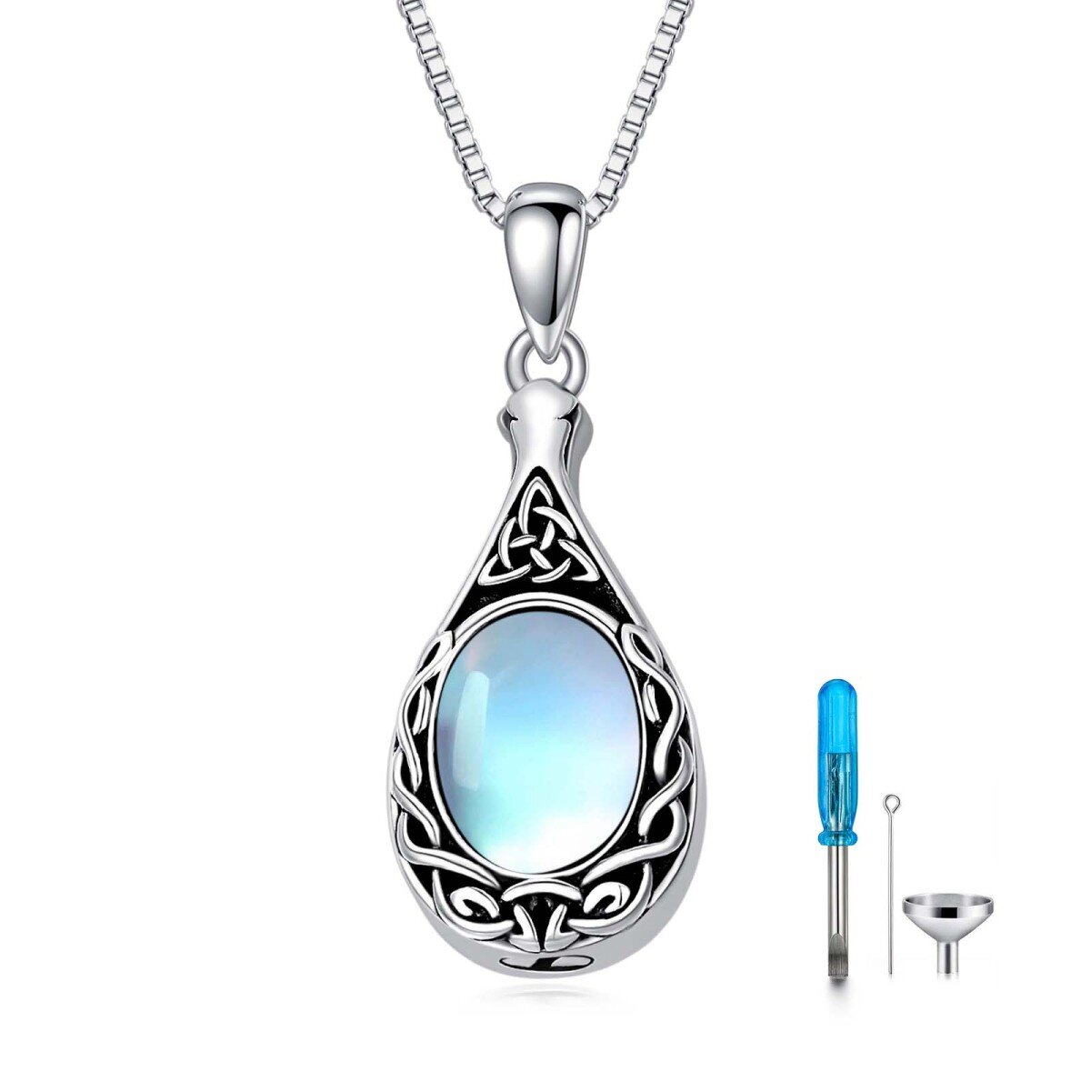 Sterling Silver Oval Shaped Moonstone Celtic Knot & Drop Shape Urn Necklace for Ashes-1