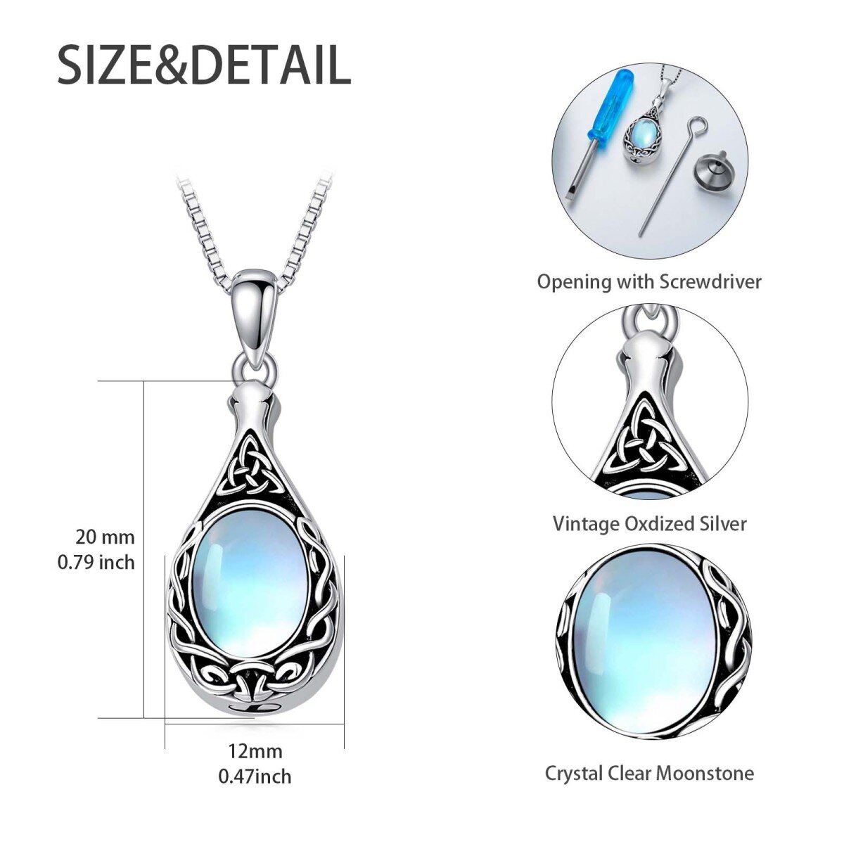 Sterling Silver Oval Shaped Moonstone Celtic Knot & Drop Shape Urn Necklace for Ashes-6