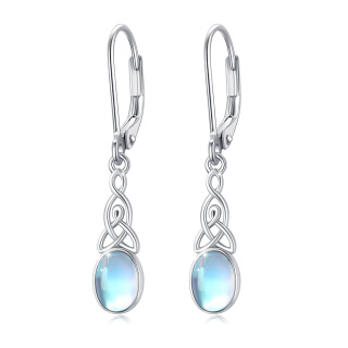 Sterling Silver Oval Shaped Moonstone Celtic Knot Lever-back Earrings-39