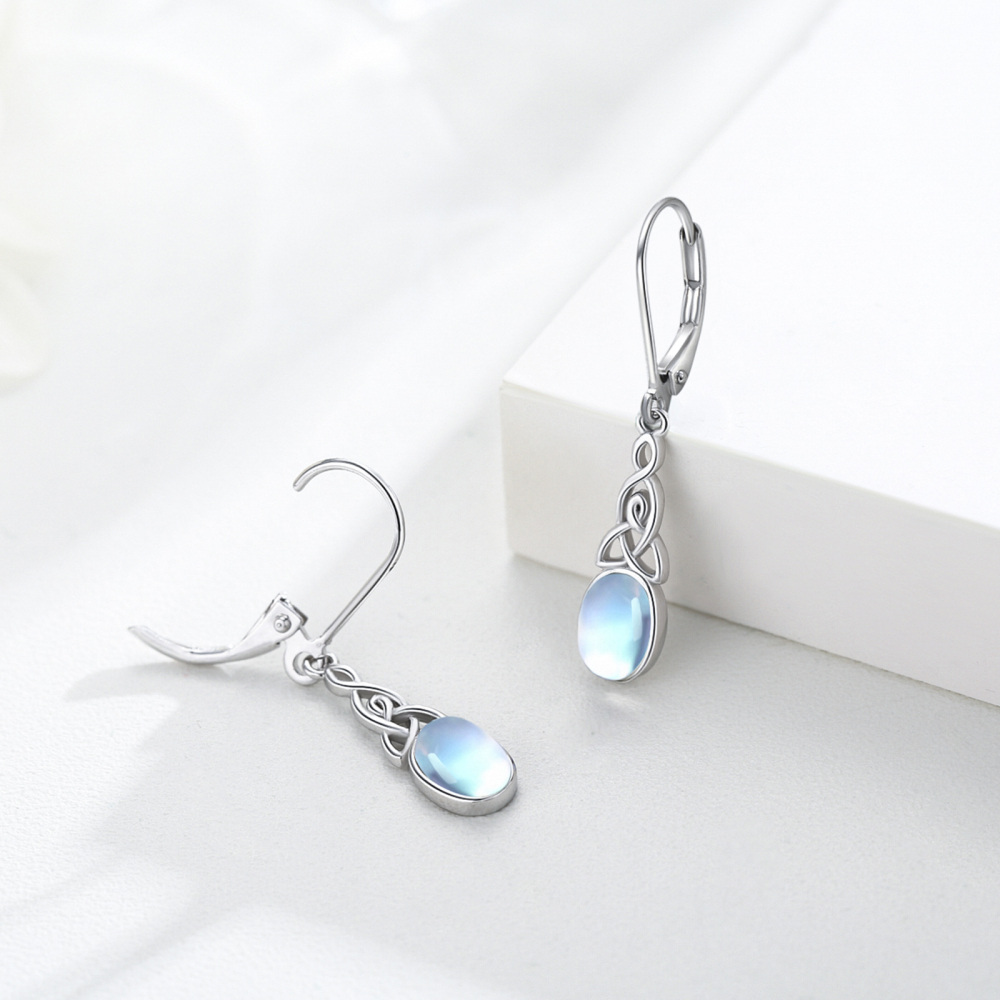 Sterling Silver Oval Shaped Moonstone Celtic Knot Lever-back Earrings-3