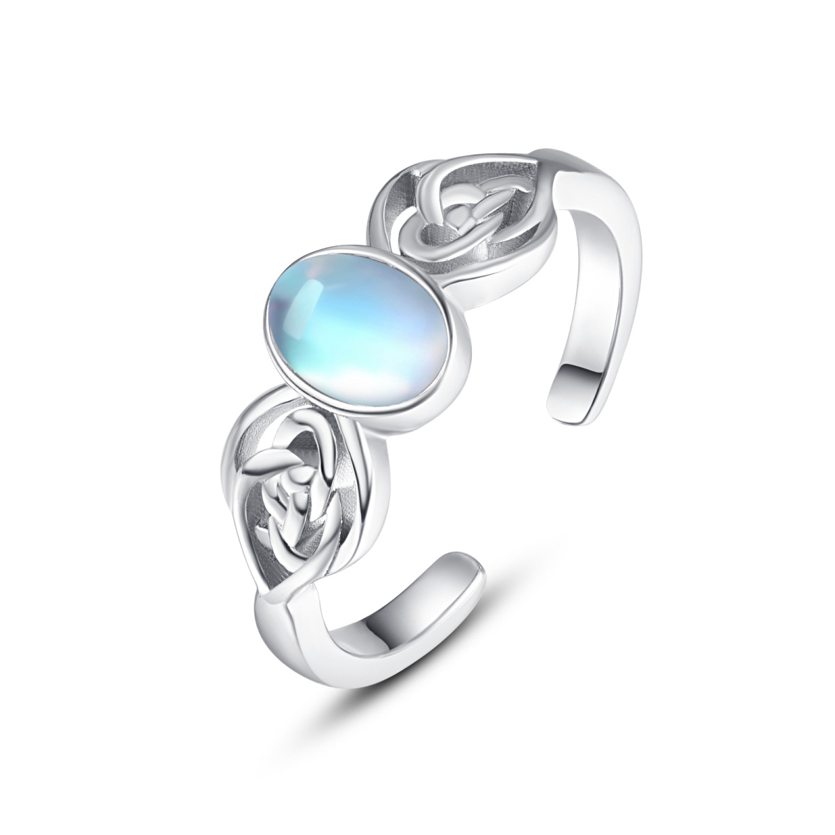 Anello aperto con nodo celtico in pietra di luna a forma ovale in argento sterling-1