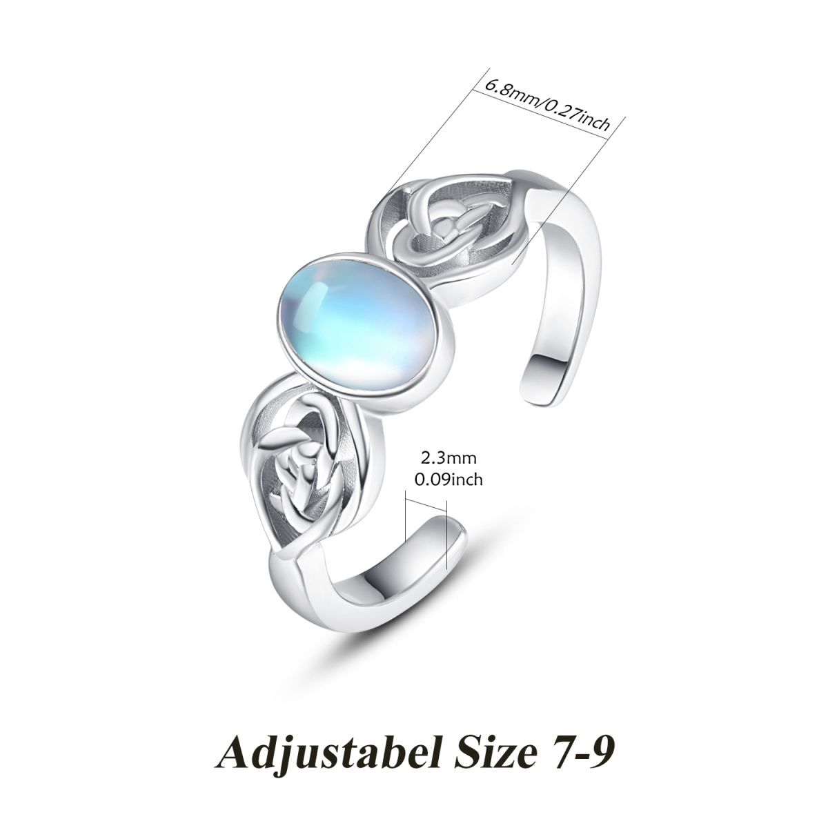 Anello aperto con nodo celtico in pietra di luna a forma ovale in argento sterling-5