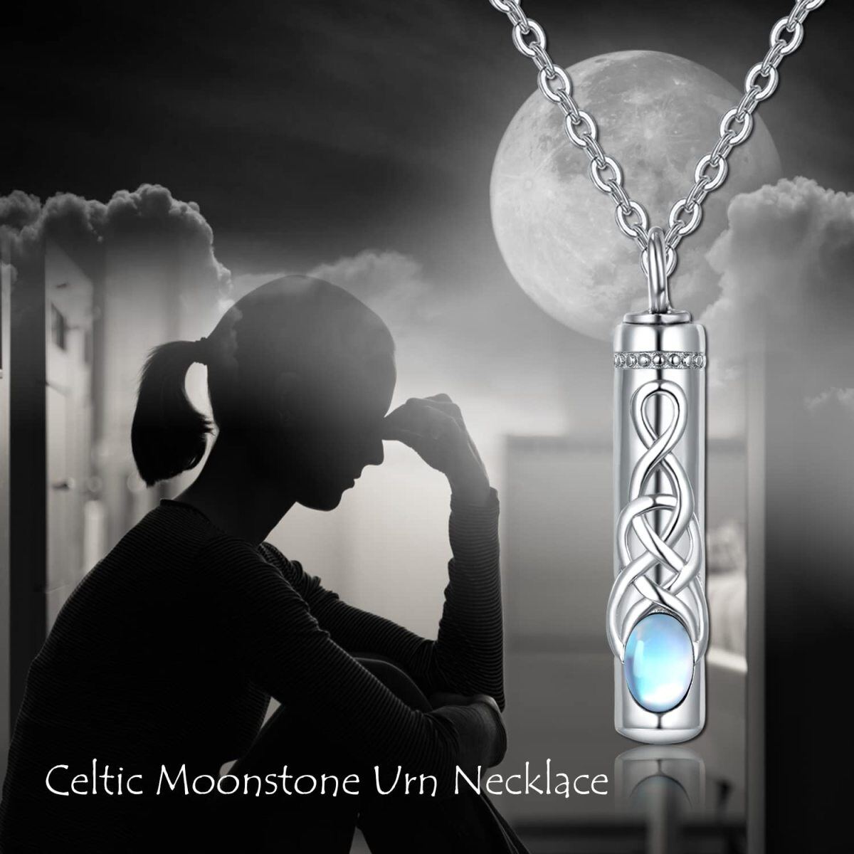 Sterling Silver Oval Shaped Moonstone Celtic Knot Urn Necklace for Ashes-4