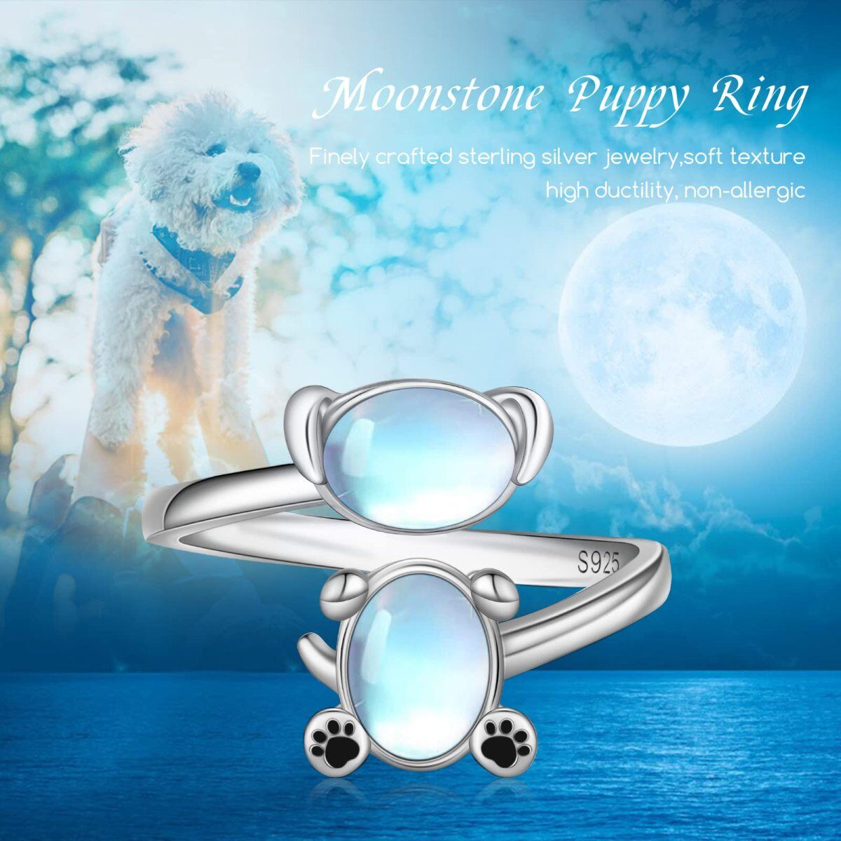 Bague ouverte pour chien en argent sterling avec pierre de lune de forme ovale-5