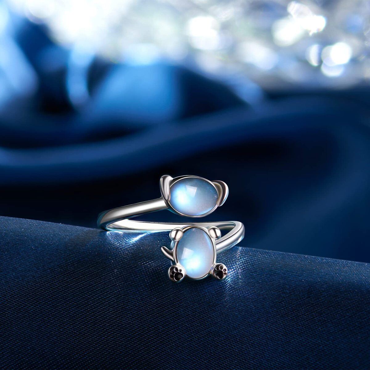 Sterling Silver Oval Shaped Moonstone Dog Open Ring-6