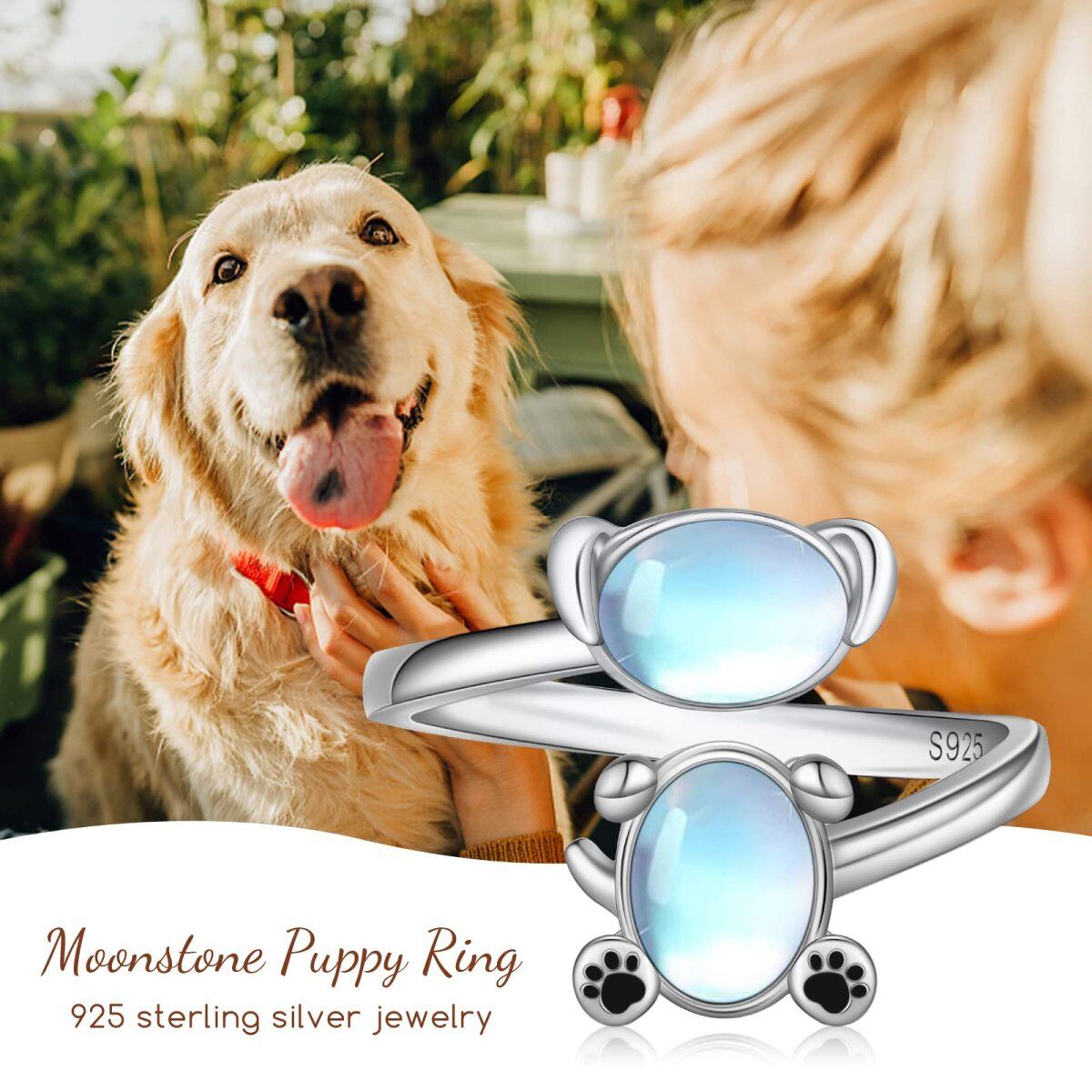 Sterling Silver Oval Shaped Moonstone Dog Open Ring-7