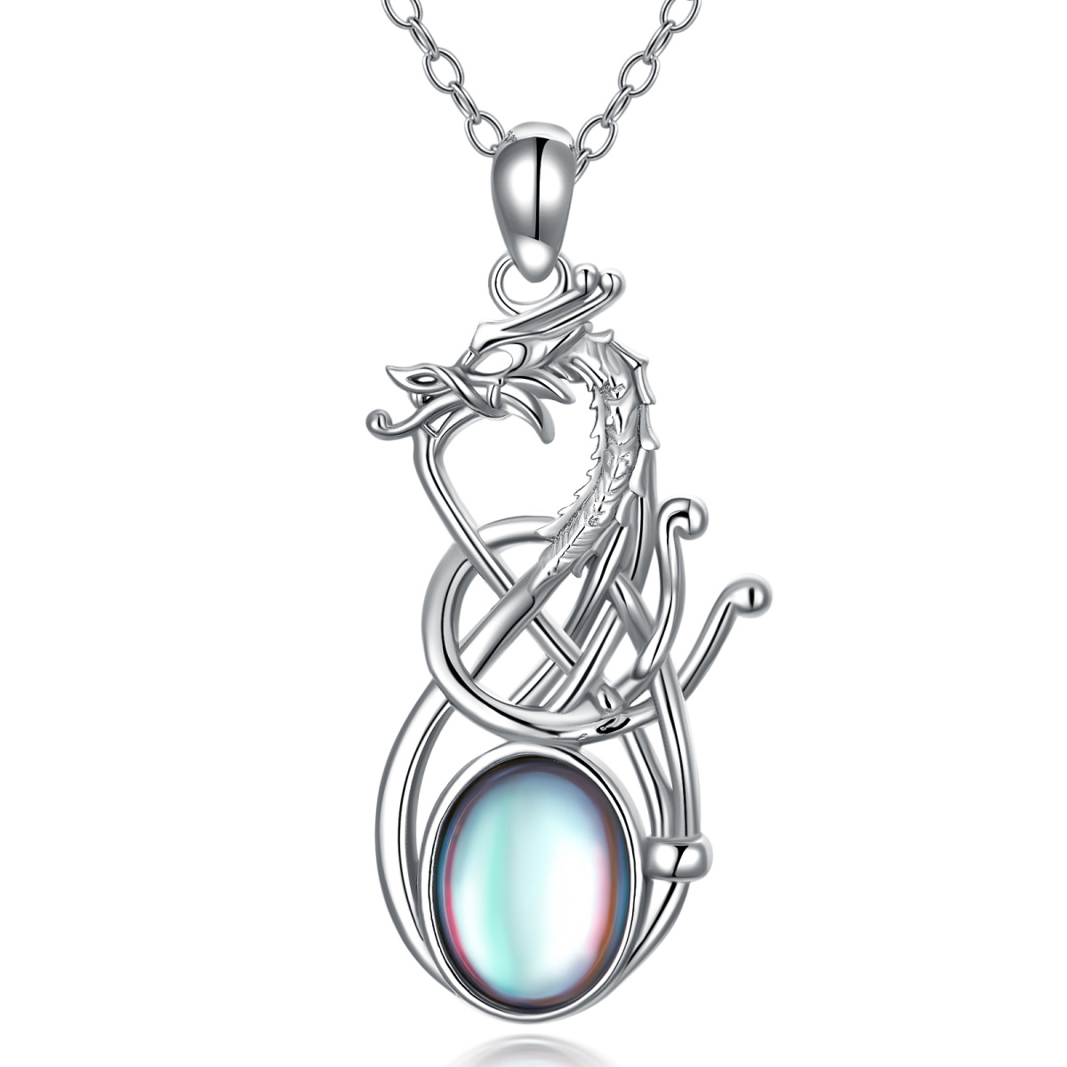 Sterling Silver Oval Shaped Moonstone Dragon Pendant Necklace-1