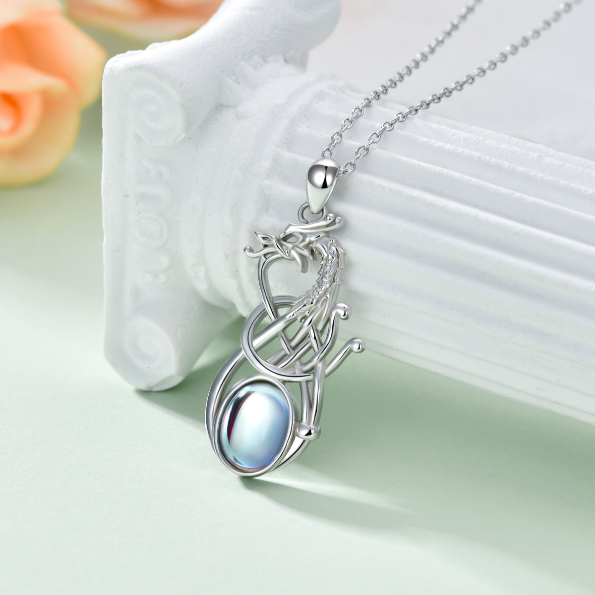 Sterling Silver Oval Shaped Moonstone Dragon Pendant Necklace-3