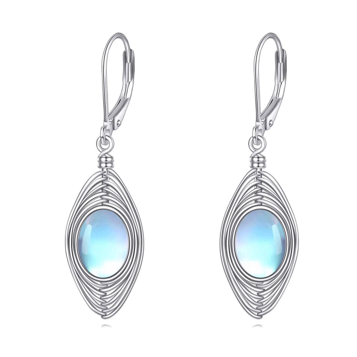 Sterling Silver Oval Shaped Moonstone Drop Shape Lever-back Earrings-1