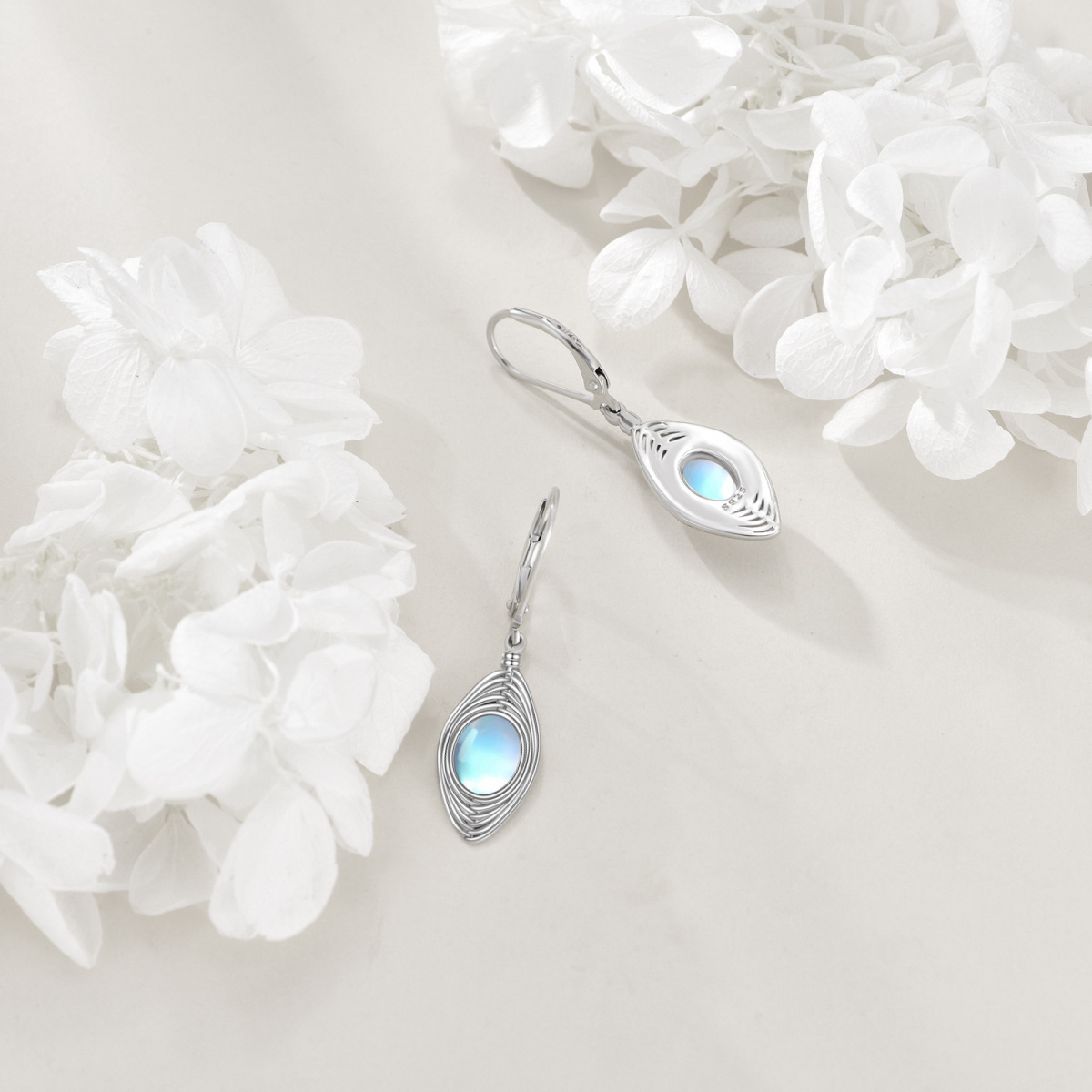 Sterling Silver Oval Shaped Moonstone Drop Shape Lever-back Earrings-3