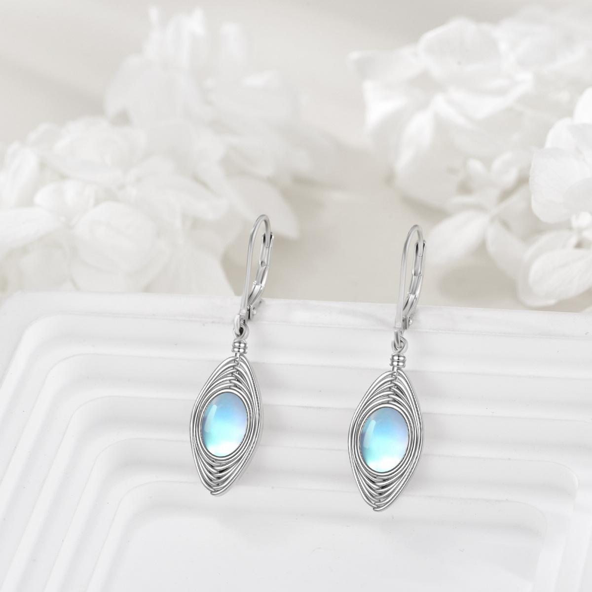 Sterling Silver Oval Shaped Moonstone Drop Shape Lever-back Earrings-4