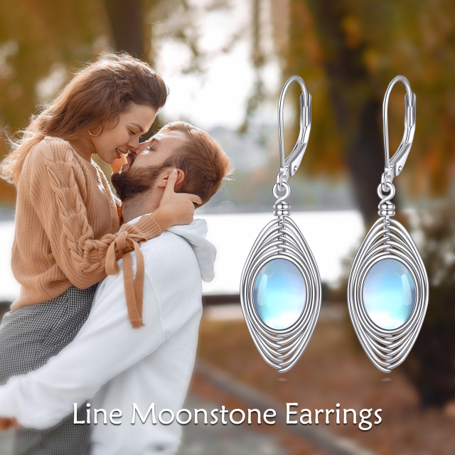 Sterling Silver Oval Shaped Moonstone Drop Shape Lever-back Earrings-5