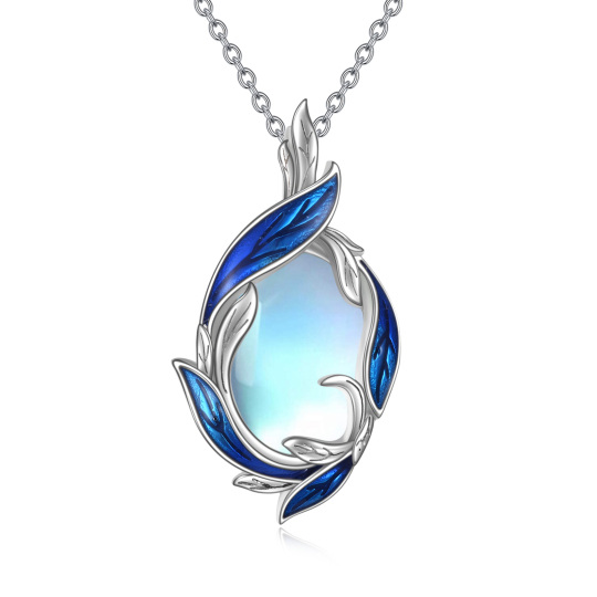 Sterling Silver Oval Shaped Moonstone Feather Pendant Necklace