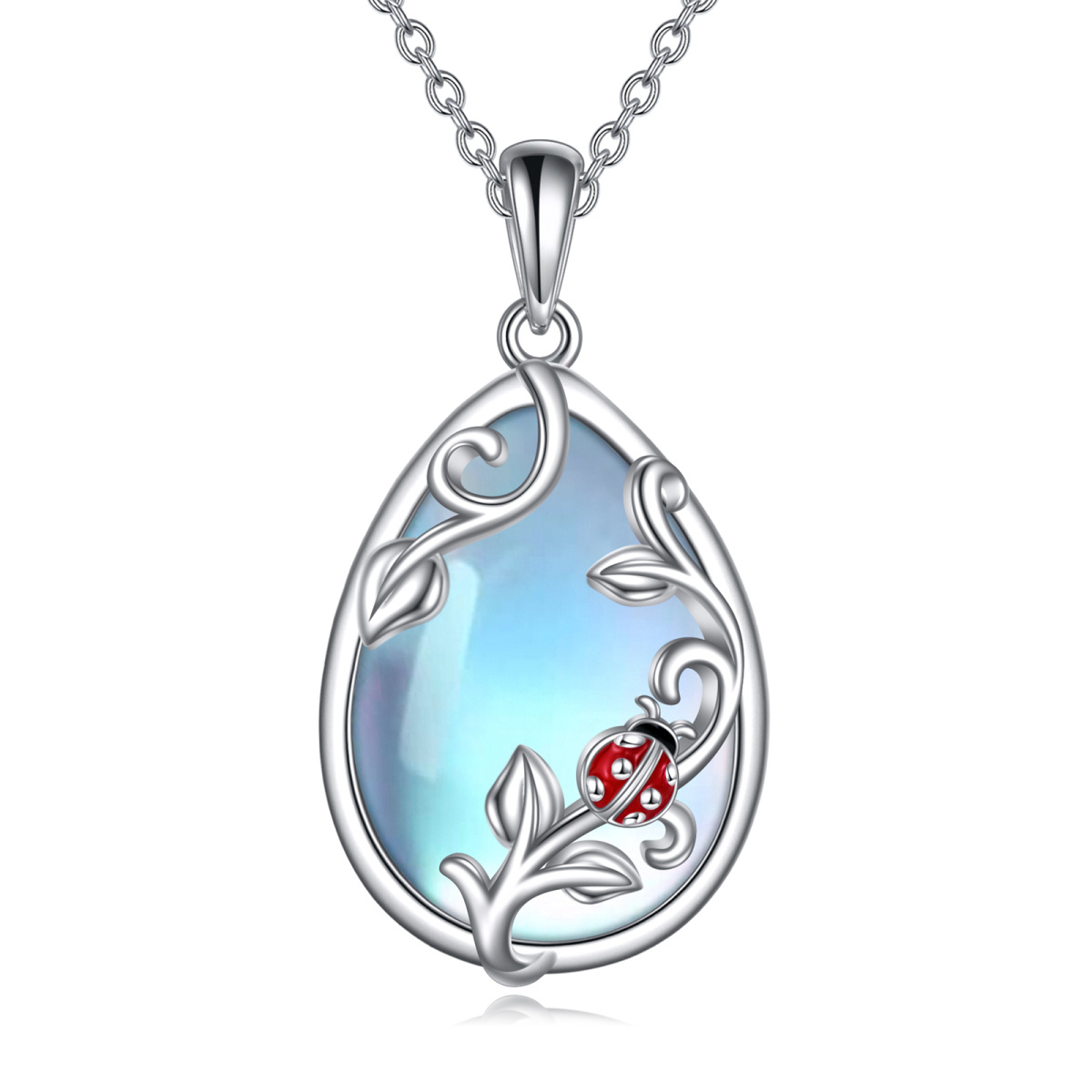 Sterling Silver Oval Shaped Moonstone Ladybug Pendant Necklace-1