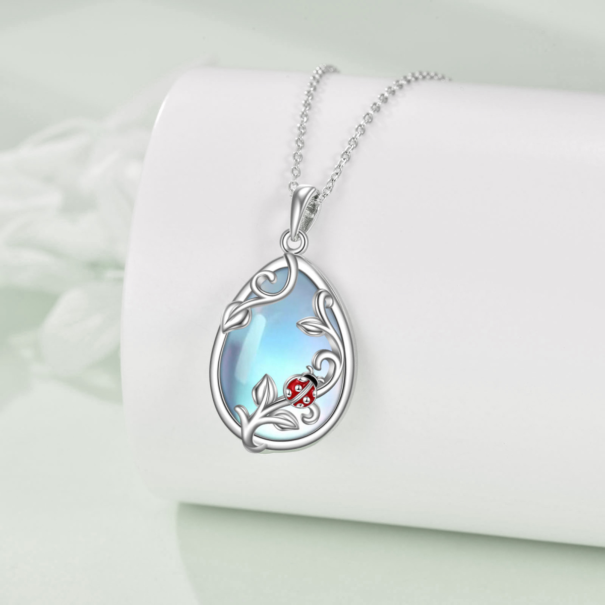 Sterling Silver Oval Shaped Moonstone Ladybug Pendant Necklace-3