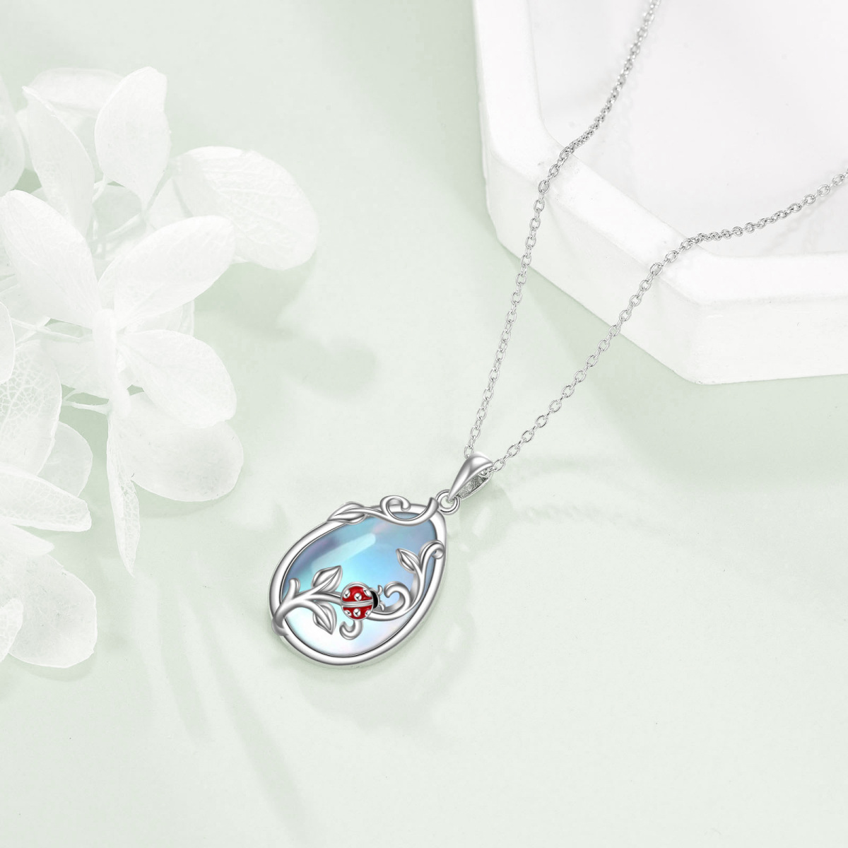 Sterling Silver Oval Shaped Moonstone Ladybug Pendant Necklace-4