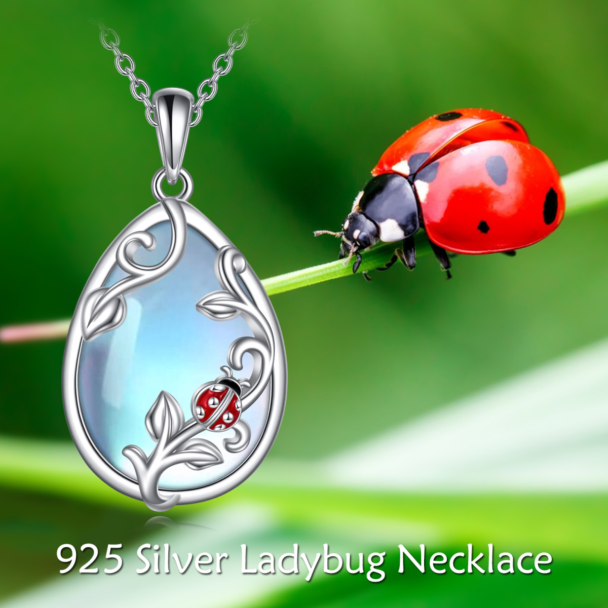 Sterling Silver Oval Shaped Moonstone Ladybug Pendant Necklace-5