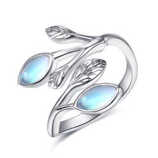 Sterling Silver Oval Shaped Moonstone Leaves & Olive Branch Open Ring-16