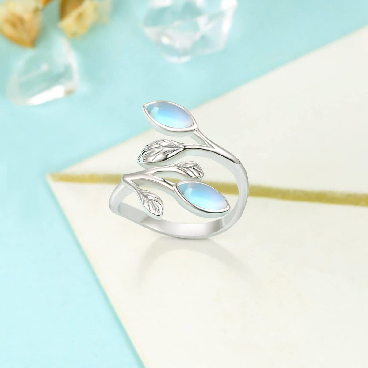 Sterling Silver Oval Shaped Moonstone Leaves & Olive Branch Open Ring-5