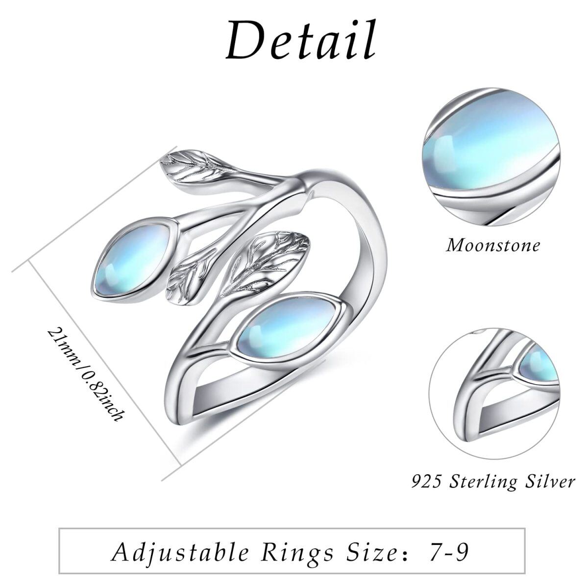 Ovaler offener Ring aus Sterlingsilber mit Mondsteinblättern und Olivenzweig-6