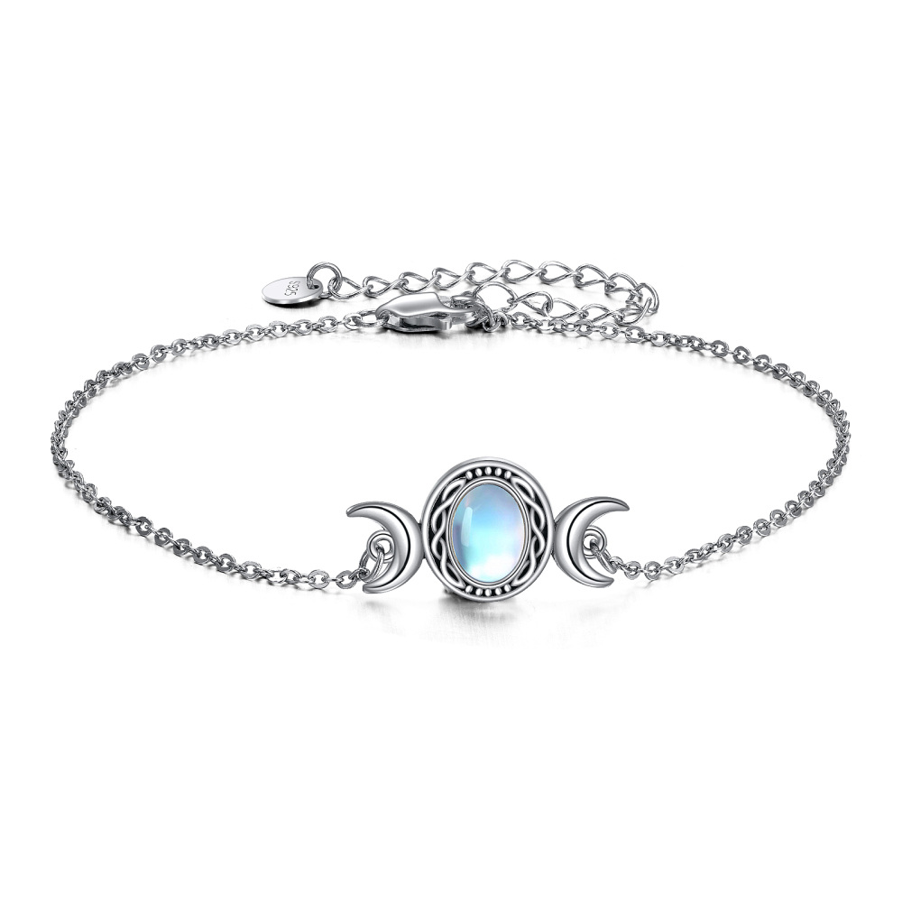 Sterling Silver Oval Shaped Moonstone Moon Charm Bracelet-1