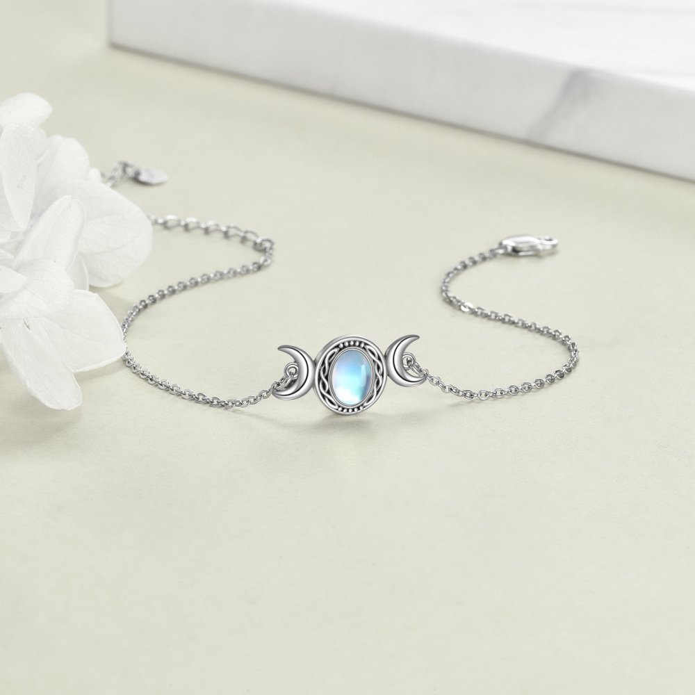 Sterling Silver Oval Shaped Moonstone Moon Charm Bracelet-3