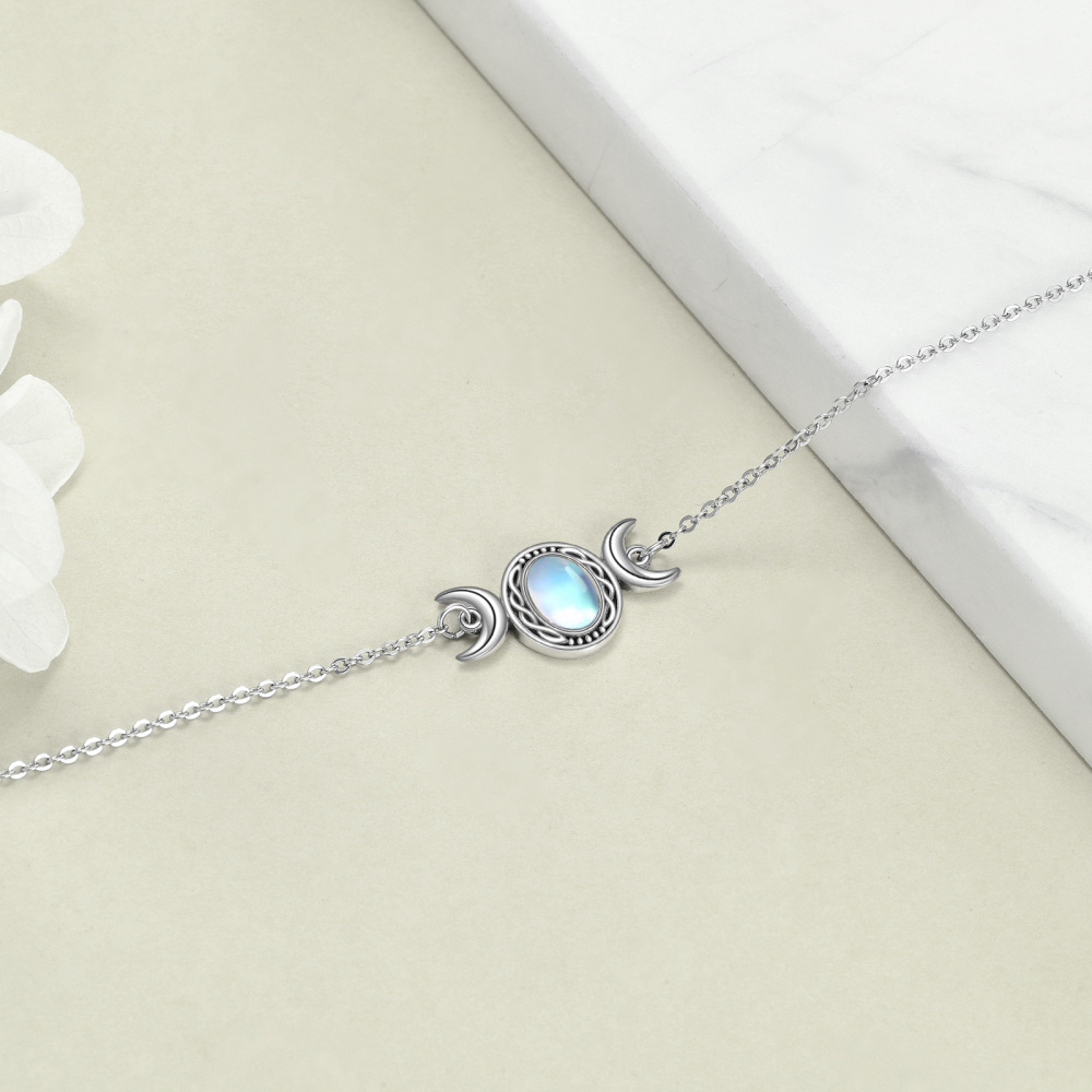 Sterling Silver Oval Shaped Moonstone Moon Charm Bracelet-4