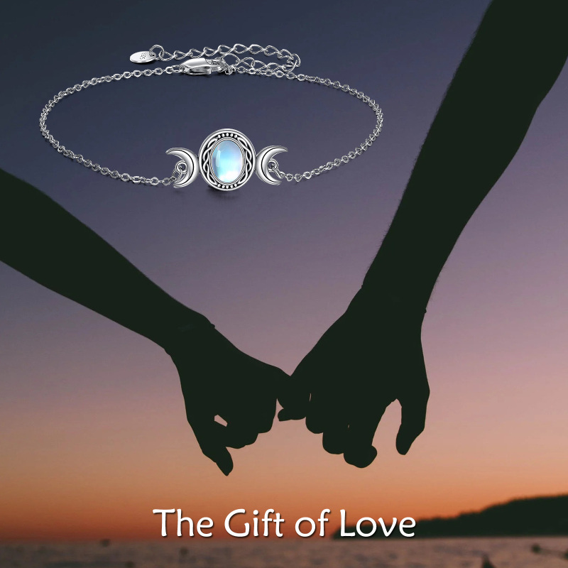 Sterling Silver Oval Shaped Moonstone Moon Charm Bracelet-6