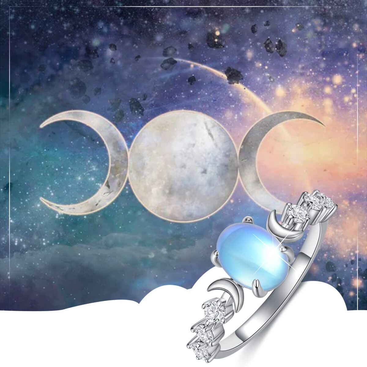 Sterling Silver Oval Shaped Moonstone Moon Ring-5