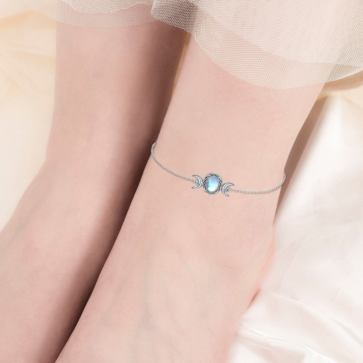 Sterling Silver Oval Shaped Moonstone Moon Single Chain Anklet-5