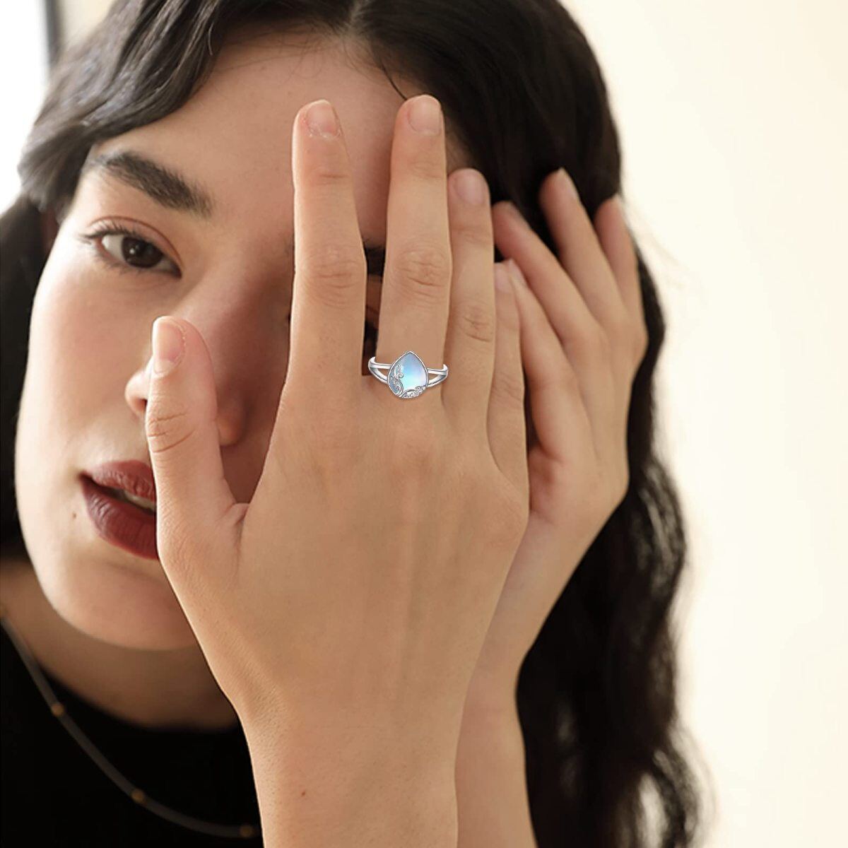 Anillo de plata de ley con piedra de luna ovalada para mujer-2