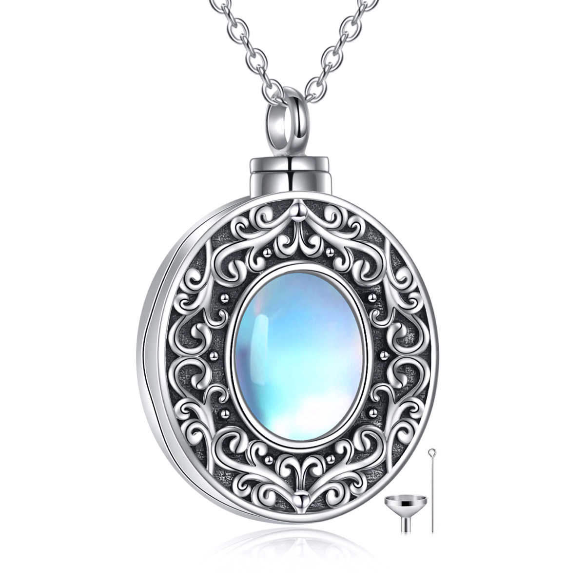 Collar de plata de ley con forma ovalada de piedra de luna para urna de cenizas con palabr-1