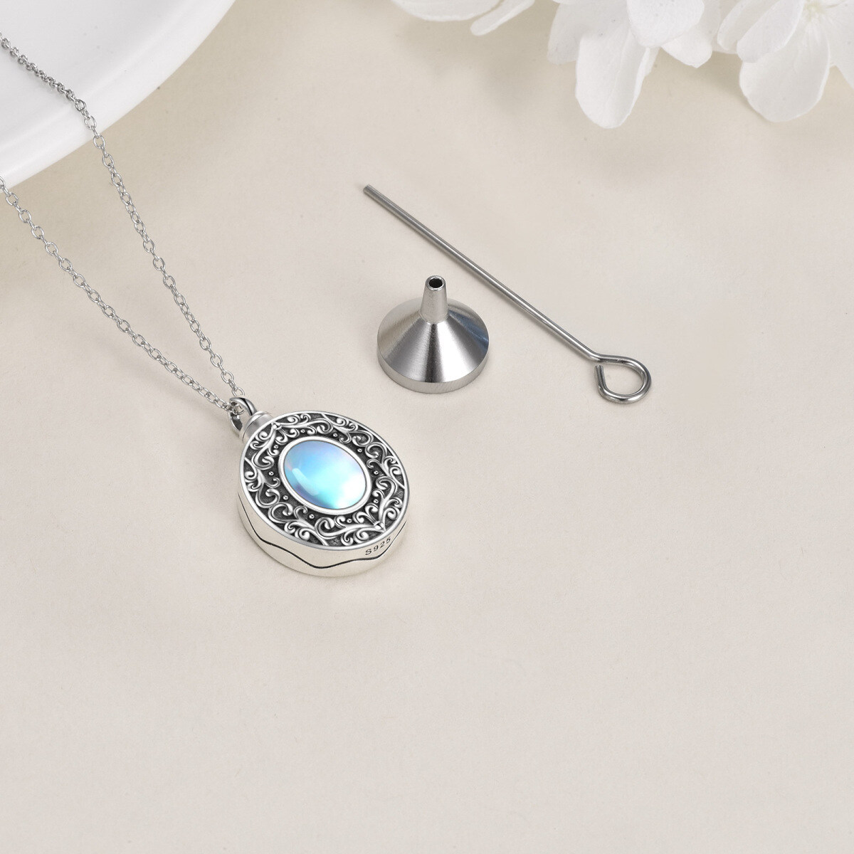 Collar de plata de ley con forma ovalada de piedra de luna para urna de cenizas con palabr-3