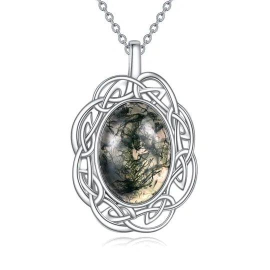 Sterling Silver Oval Shaped Moss Agate Celtic Knot & Oval Shaped Pendant Necklace