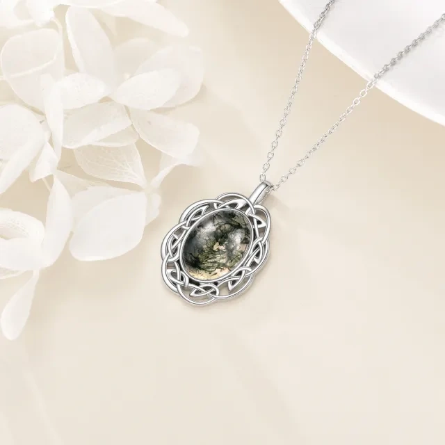 Sterling Silver Oval Shaped Moss Agate Celtic Knot & Oval Shaped Pendant Necklace-3