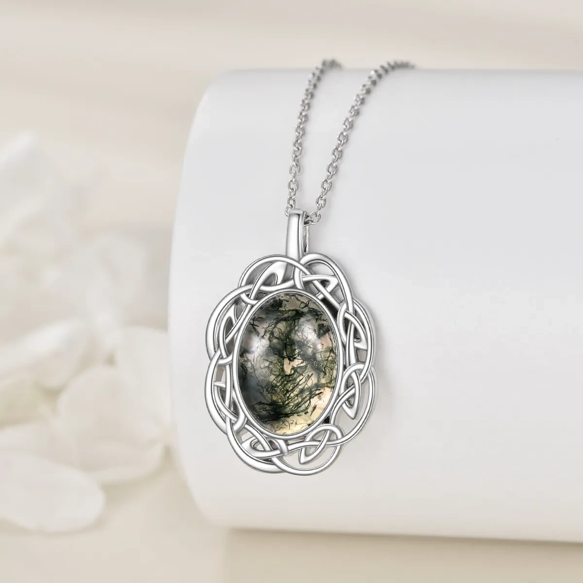 Sterling Silver Oval Shaped Moss Agate Celtic Knot & Oval Shaped Pendant Necklace-4