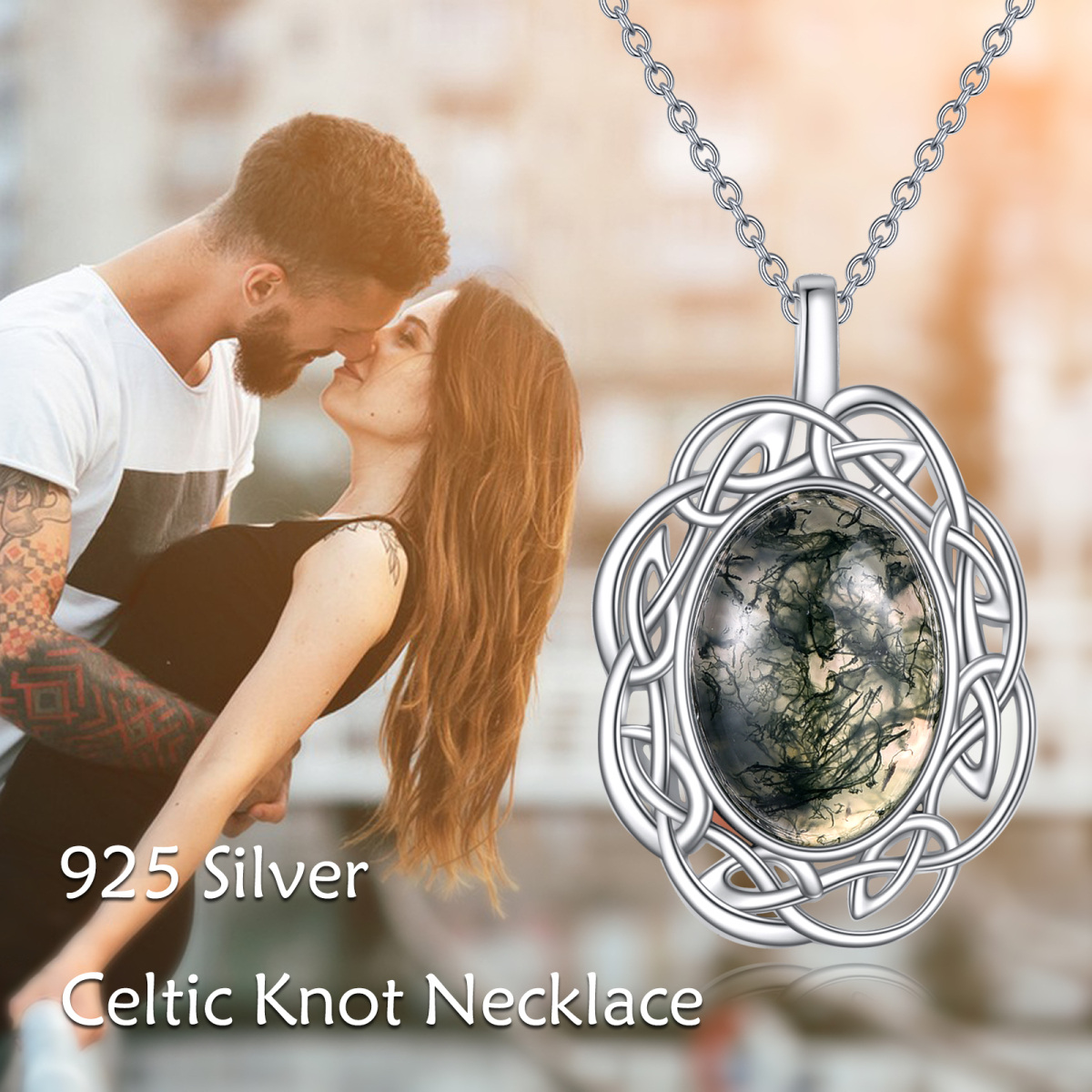 Sterling Silver Oval Shaped Moss Agate Celtic Knot & Oval Shaped Pendant Necklace-6