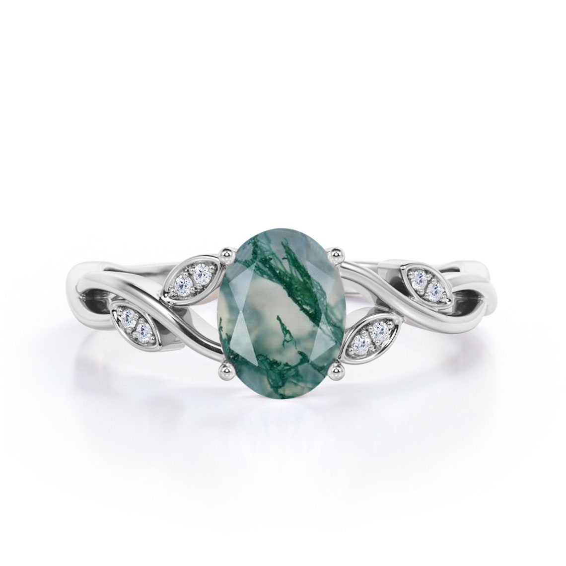 Sterling Silver Oval Moss Agate Engagement Ring For Women-1