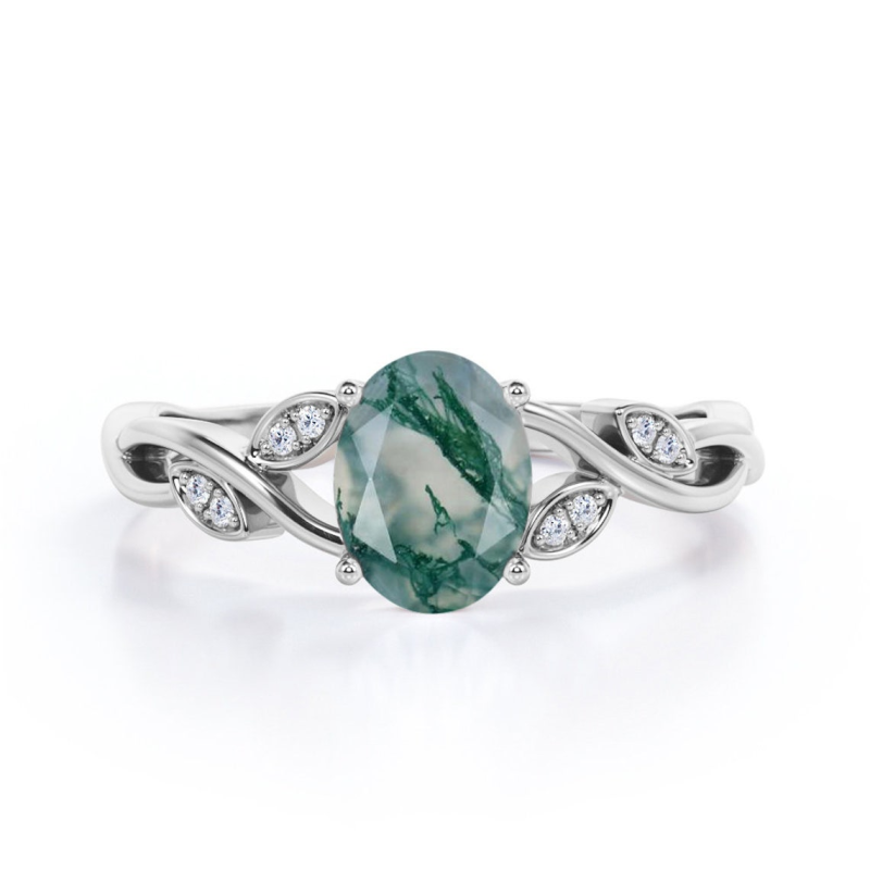 Sterling Silver Oval Moss Agate Engagement Ring For Women-11