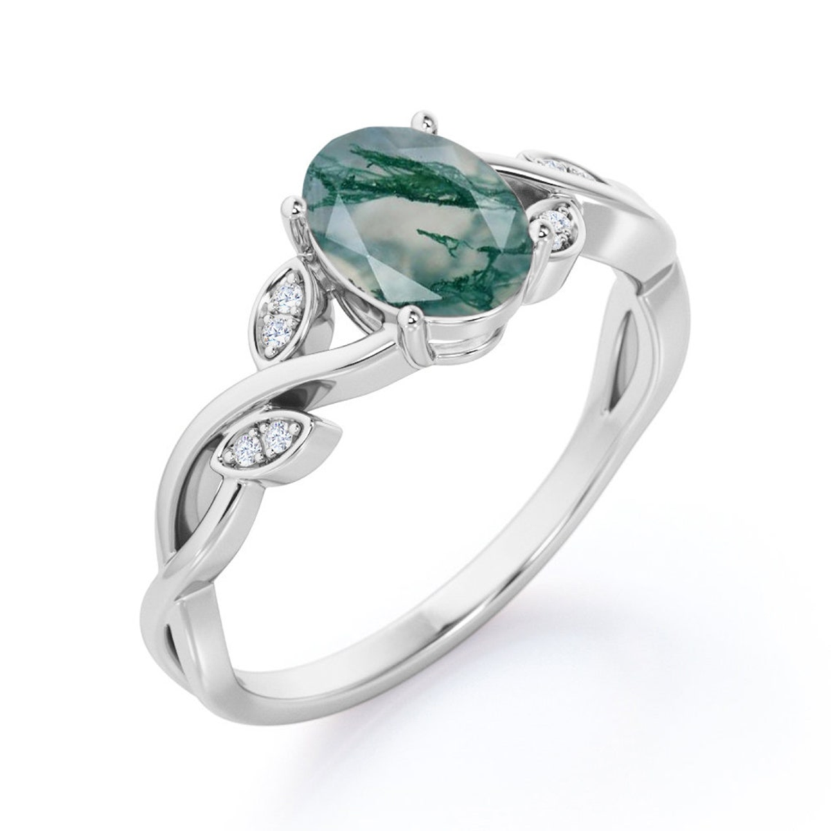 Sterling Silver Oval Moss Agate Engagement Ring For Women-4