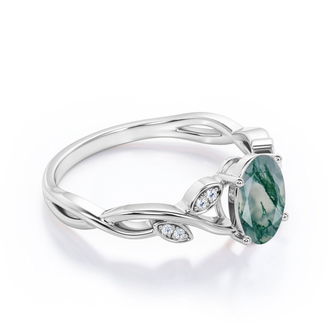 Sterling Silver Oval Moss Agate Engagement Ring For Women-5